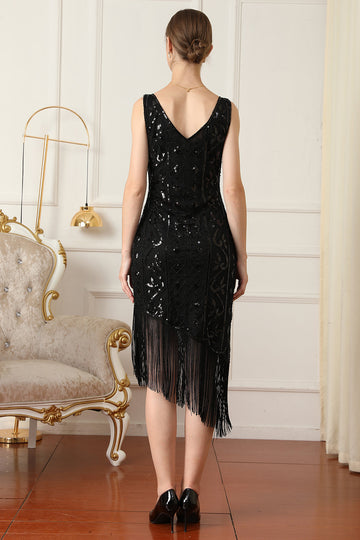 Robe à paillettes noire des années 1920 avec franges